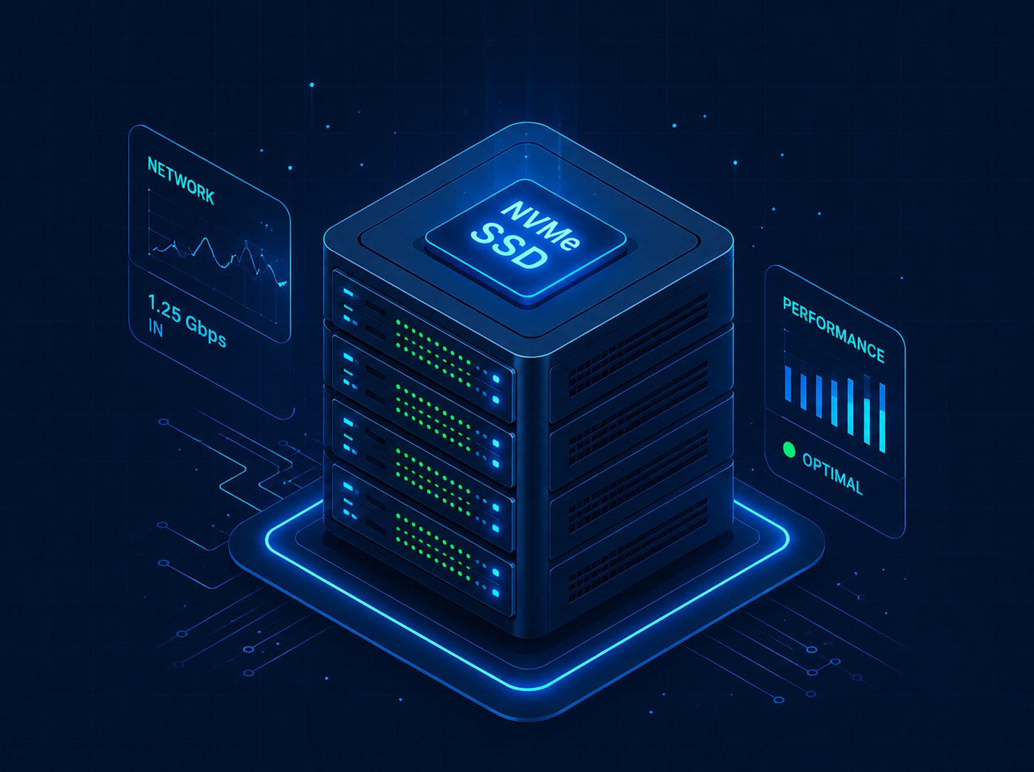 Dãy tủ rack máy chủ trong trung tâm dữ liệu của NexData với đèn tín hiệu xanh