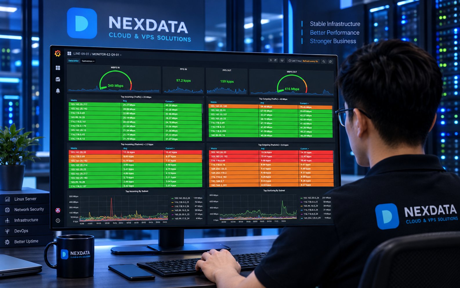 Bảng điều khiển Cloud VPS của NexData hiển thị danh sách máy chủ và biểu đồ giám sát CPU, RAM, network