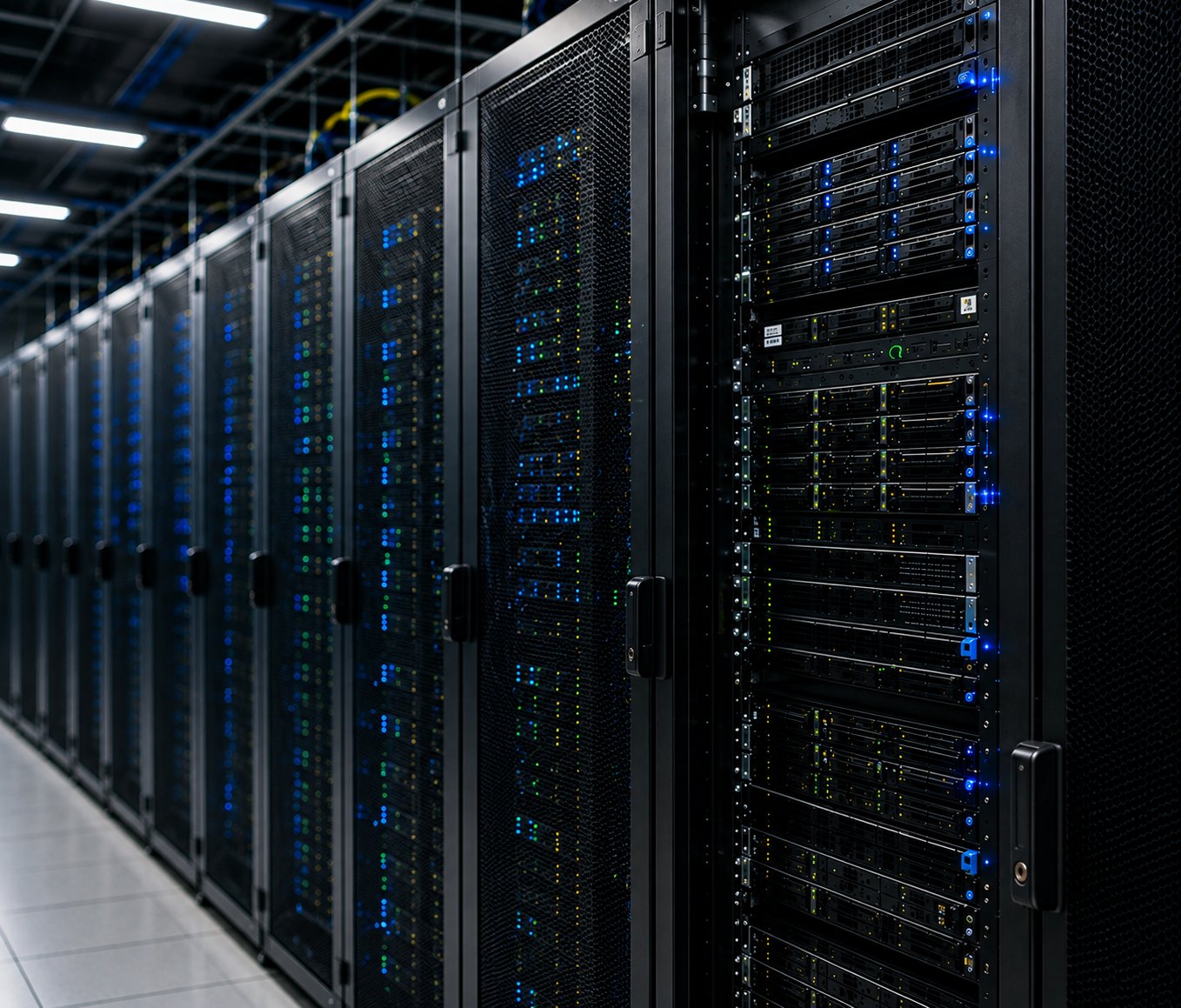 Tủ rack máy chủ NexData với hệ thống dây mạng được đi gọn gàng trong trung tâm dữ liệu