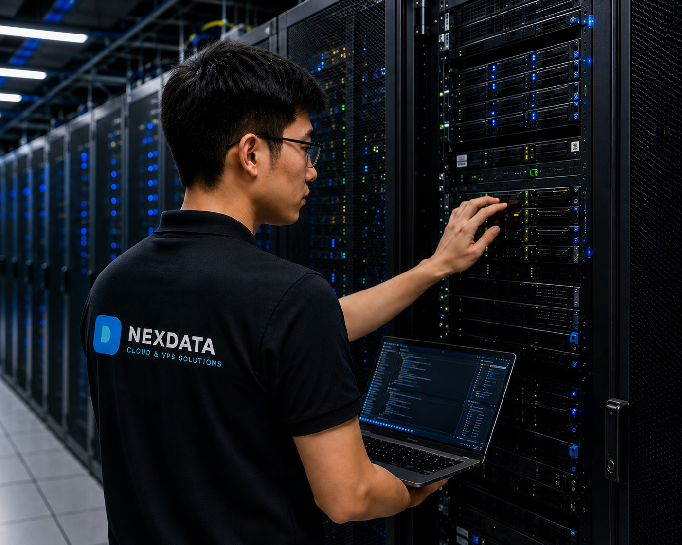 Kỹ sư NexData kiểm tra hệ thống máy chủ trong trung tâm dữ liệu